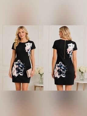 Vince Camuto Black Mini Dress with Pink & Navy Floral Print